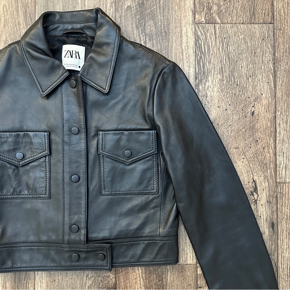Zara Limited Edition Leather Cropped Jacket Women’s Size XS Black